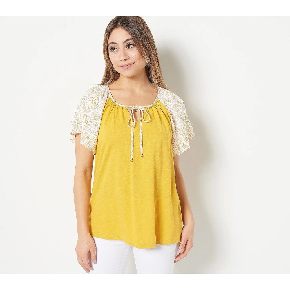 Susan Graver Pure Cotton Slub Knit Top Printed Flutter Sleeve XL Yellow A501352